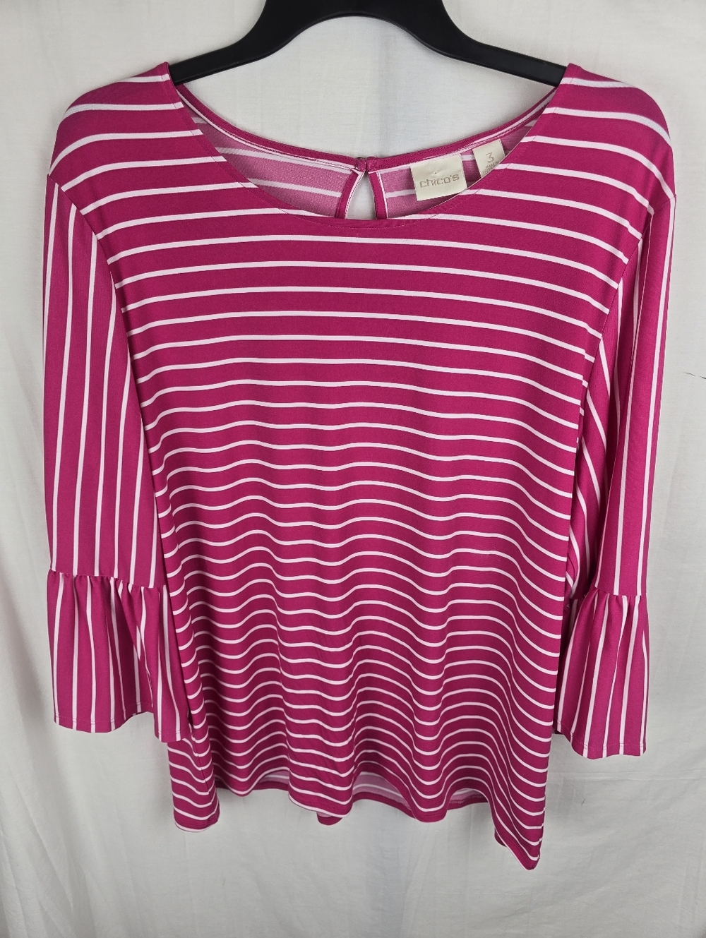 Chico's Fuchsia and White Striped Bell-Sleeve Boatneck Top Sz Chico's 3 (XL)